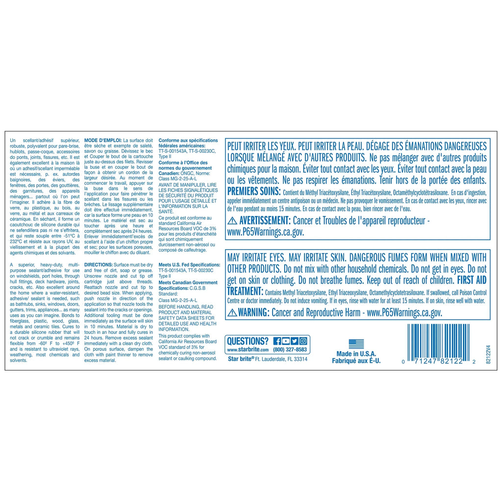 STAR BRITE Marine Silicone Sealant - Clear, 10.1 Oz Cartridge, Liquid Sturdy UV Resistant, for Fiberglass, Metal, Wood, Glass, Ceramic & More (082122)