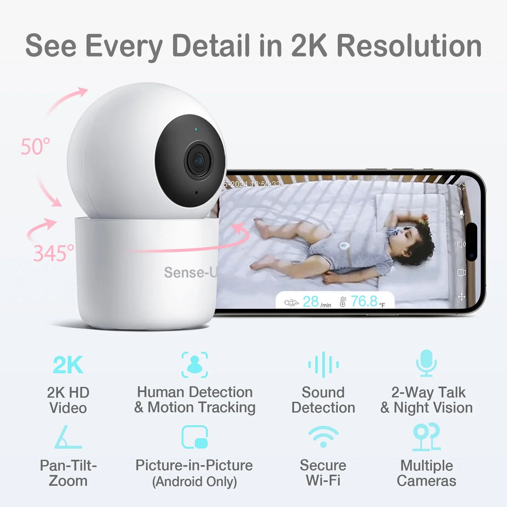 Sense-U Smart 2K Video Baby Monitor(FSA&HSA Eligible) with No Monthly Fee; Pan-Tilt-Zoom; Person/Baby Crying Sound/Motion Detection; 2-Way Talk; Night Vision; Background Audio; Activity Zone