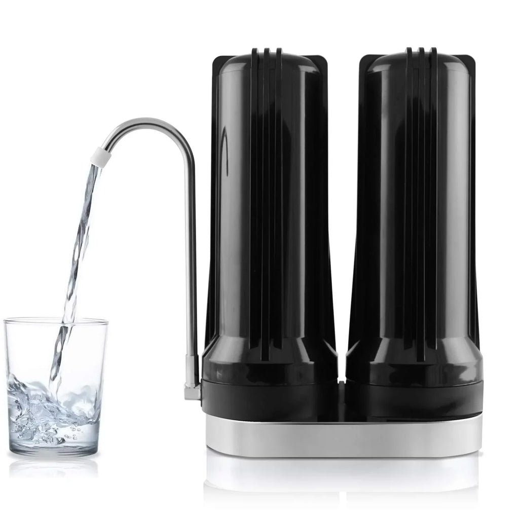 Dual Countertop Fluid Filter, Carbon and Mineral pH Alkaline Fluid Filter, Easy Install Faucet Liquid Filter - Reduces Heavy Metals, Bad Taste and Up to 99% of Chlorine - Black
