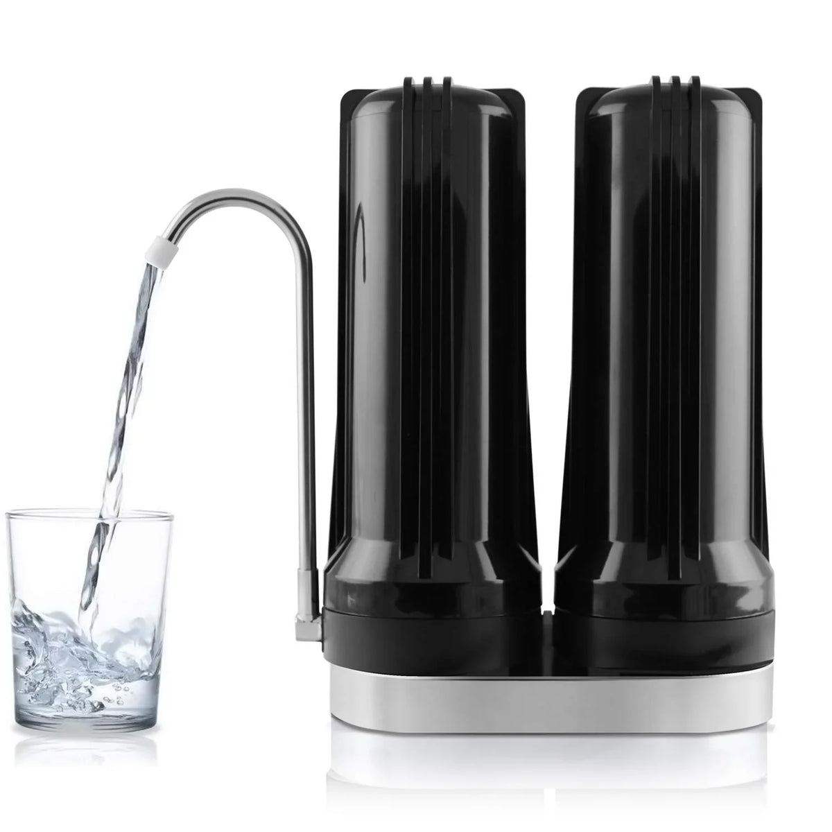 Dual Countertop Fluid Filter, Carbon and Mineral pH Alkaline Fluid Filter, Easy Install Faucet Liquid Filter - Reduces Heavy Metals, Bad Taste and Up to 99% of Chlorine - Black