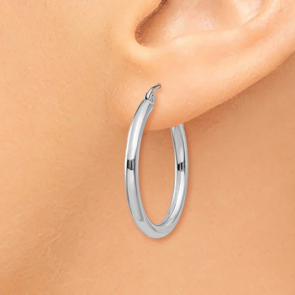 Real 14kt White Gold Polished 2.5mm Lightweight Tube Hoop Earrings; for Adults and Teens; for Women and Men