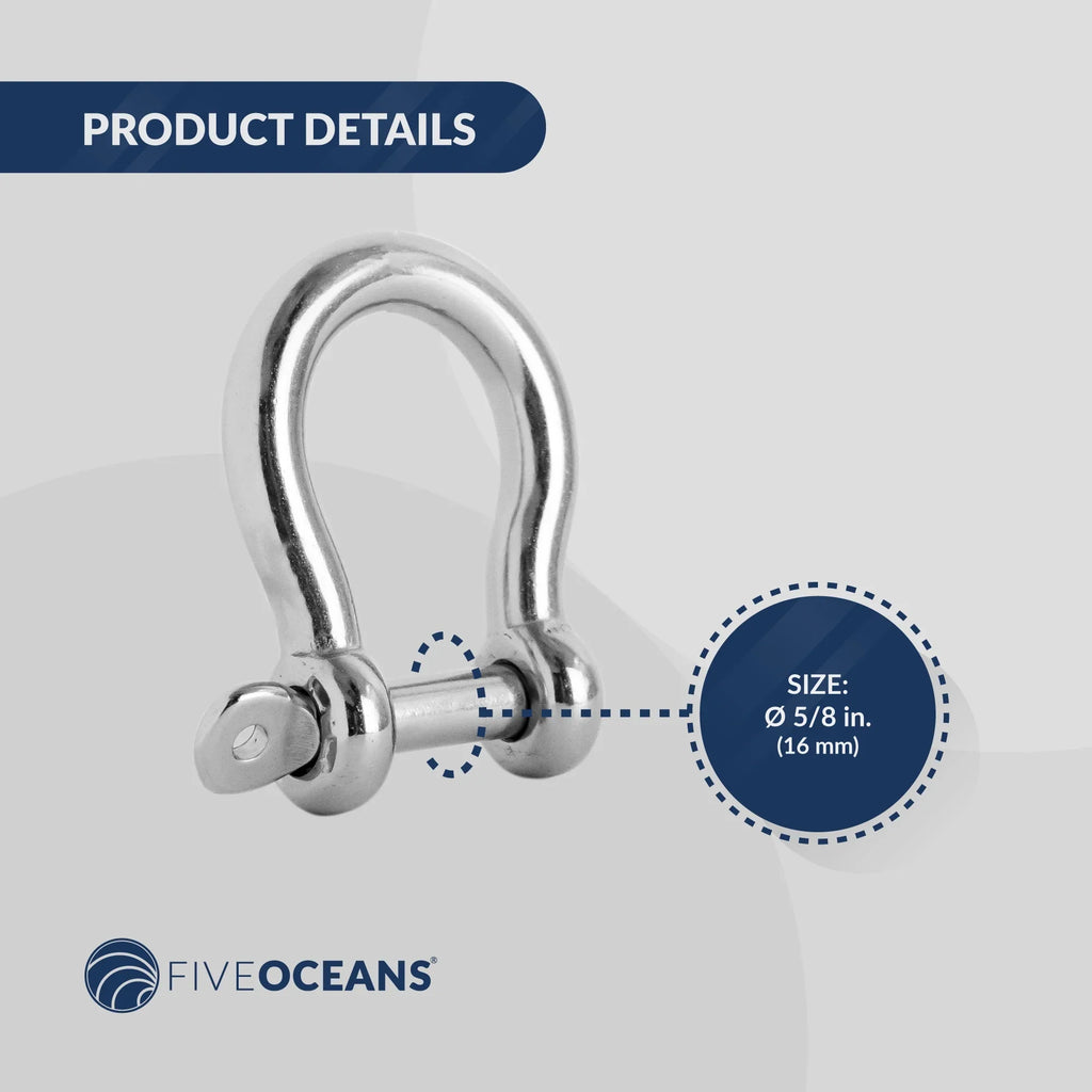 Five Oceans 5/8 Screw Pin Bow Shackles, Stainless Steel Anchor Shackle for Boat, Sailboat FO430