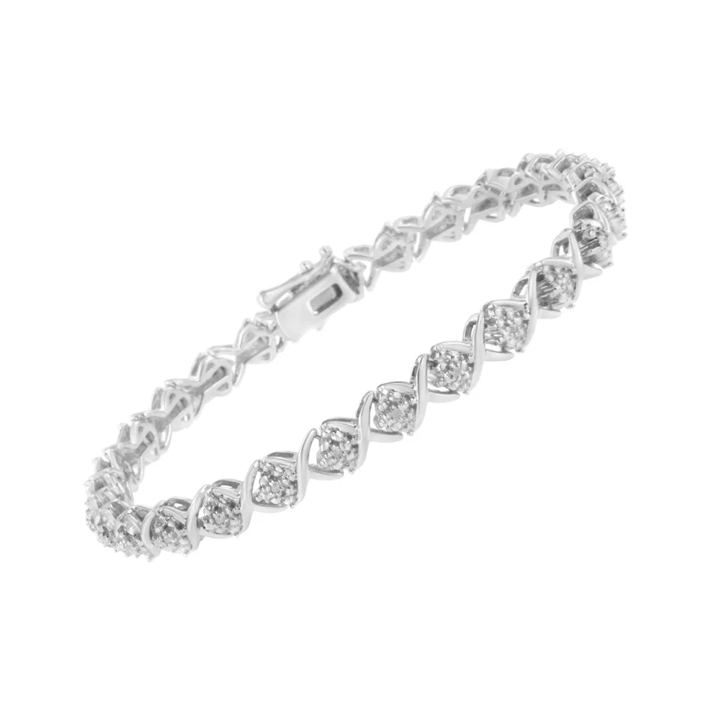 .925 Sterling Silver Round-Cut Diamond Accent Floral Cluster and "X" Link Bracelet (I-J Color; I3 Clarity) - 7.25"