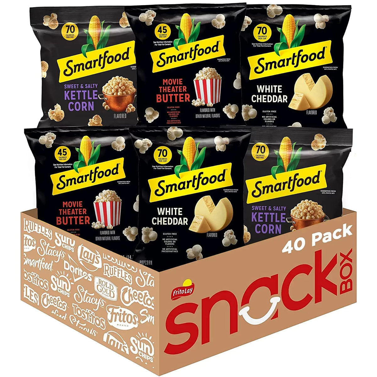 (2 pack) Smartfood White Cheddar; Kettle Corn & Movie Theater Butter Flavor Variety Pack Popcorn Snacks; 0.5 oz Bags; 40 Count Multipack