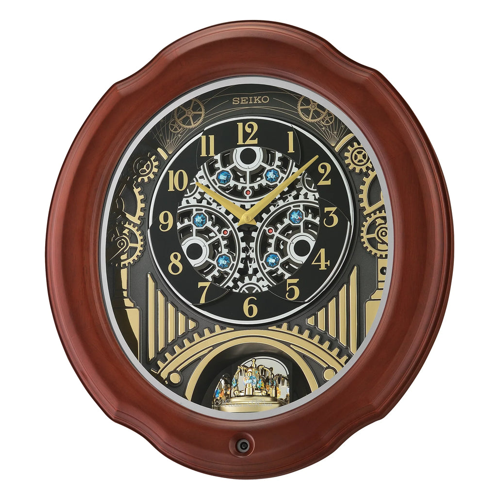 Seiko Lines and Chimes Melodies In Motion; Brown Wood Frame Traditional Classic Music Rotating Pendulum Crystals QXM392BRH