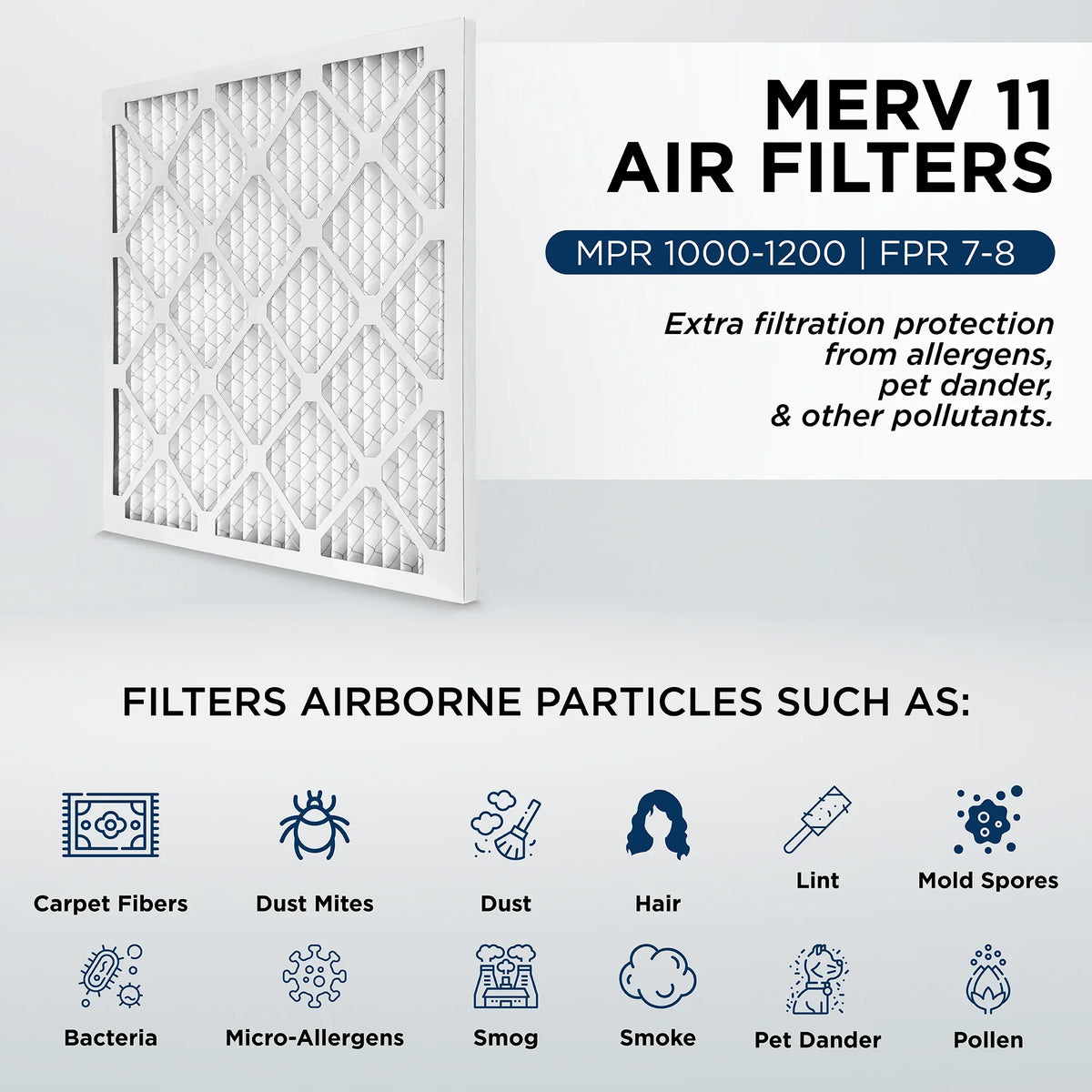 18x18x1 MERV 11, MPR 1000 Pleated AC Furnace 1" Air Filters by Pamlico. Quantity 6. Actual Size: 17-3/4 x 17-3/4 x 3/4