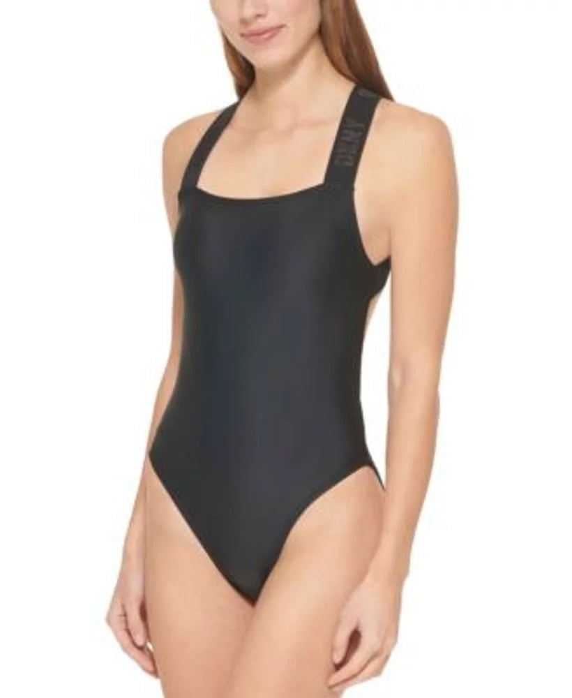 DKNY BLACK Logo Cross-Back One-Piece Swimsuit; US Large