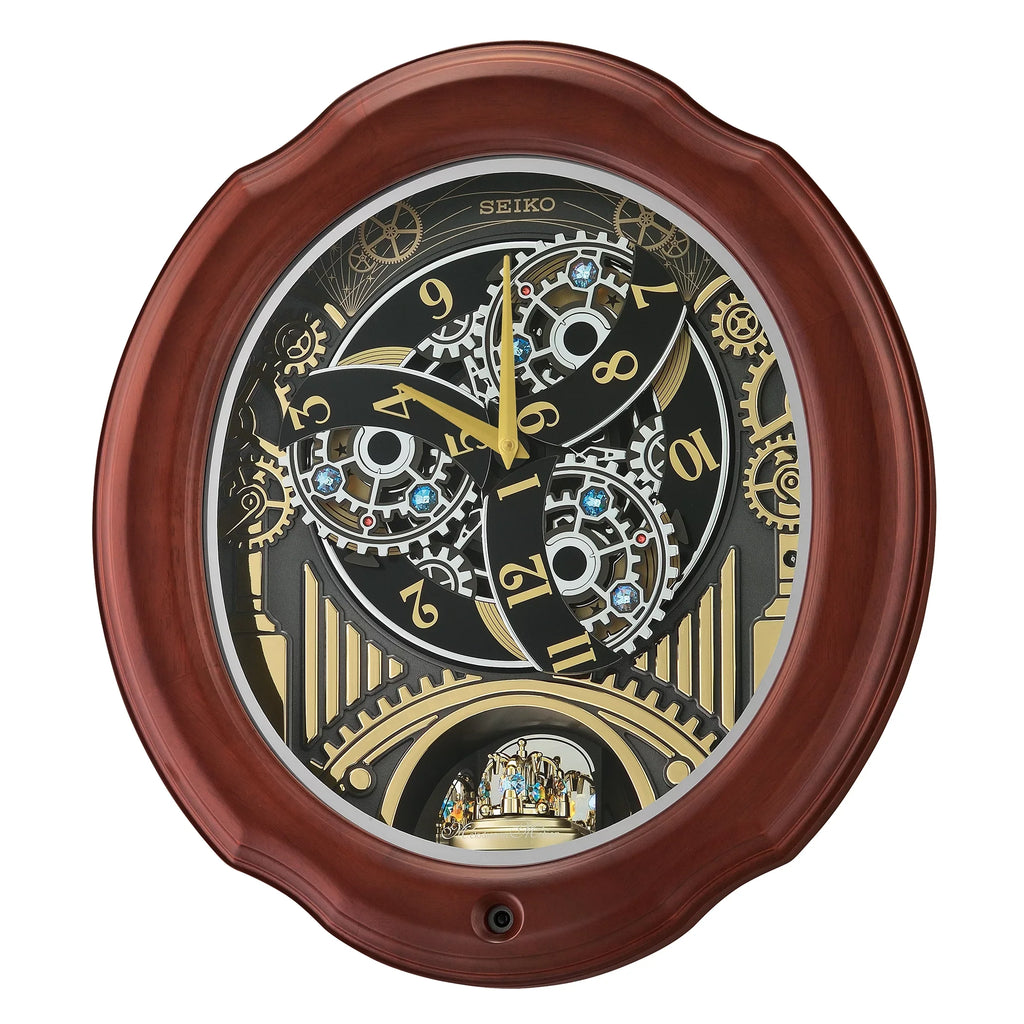 Seiko Lines and Chimes Melodies In Motion; Brown Wood Frame Traditional Classic Music Rotating Pendulum Crystals QXM392BRH