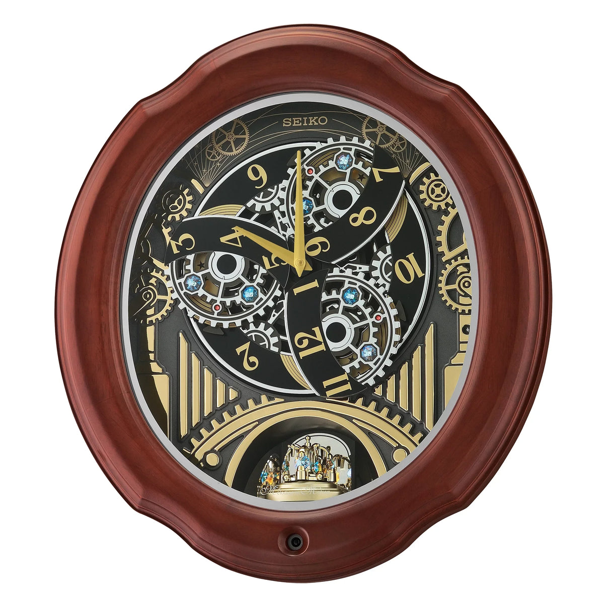 Seiko Lines and Chimes Melodies In Motion; Brown Wood Frame Traditional Classic Music Rotating Pendulum Crystals QXM392BRH