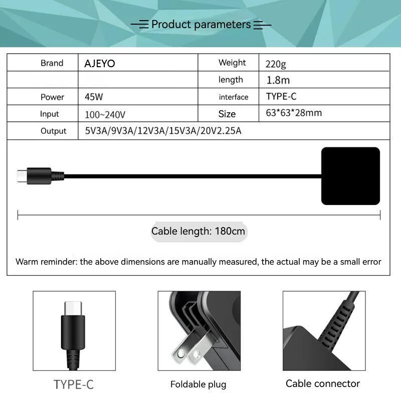 20V 2.25A Type-C Notebook AC Adapter Charger for 13 7389 7390 3380,12 5289 7275 7285,4RYWW 2VP8G CDH54 2YKOF 0P51H HDCY5,7289 P29S 3380 7350 5490 T17G 5495 7390 7212 3390 5290 7285 5590 7370 5320