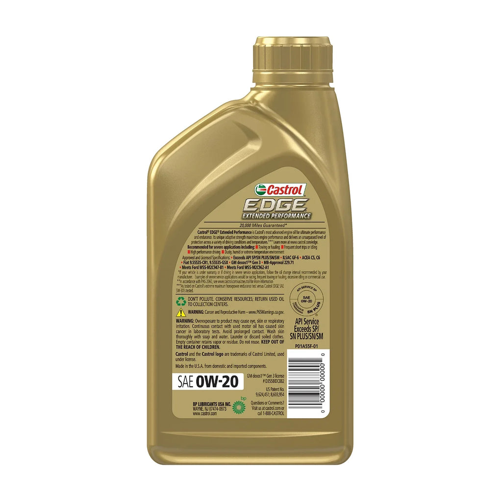Castrol Edge Extended Efficiency 0W-20 Advanced Full Synthetic Motor Oil, 1 Quart, Case of 6