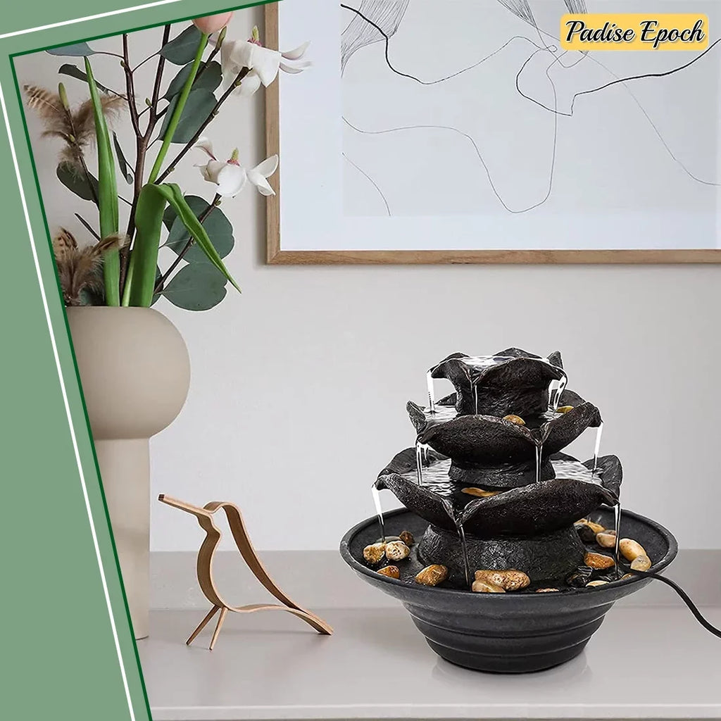 3 Tier Indoor Liquid Fountain with LED Lights Tabletop Fountain, Relaxation Tabletop Fountain, Mini Desktop Fluid Fountain for Living Room Bedroom (Includes Natural River Rocks)