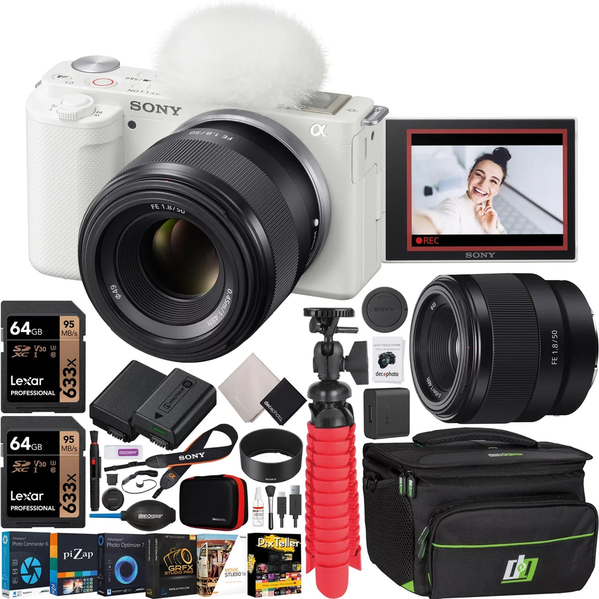 ZV-E10 Mirrorless Alpha APS-C Vlog Camera Body and 50mm F1.8 Large Aperture FE Lens SEL50F18F ILCZV-E10/W White Bundle with Deco Gear Case + Extra Battery + Photo Video Accessories Kit