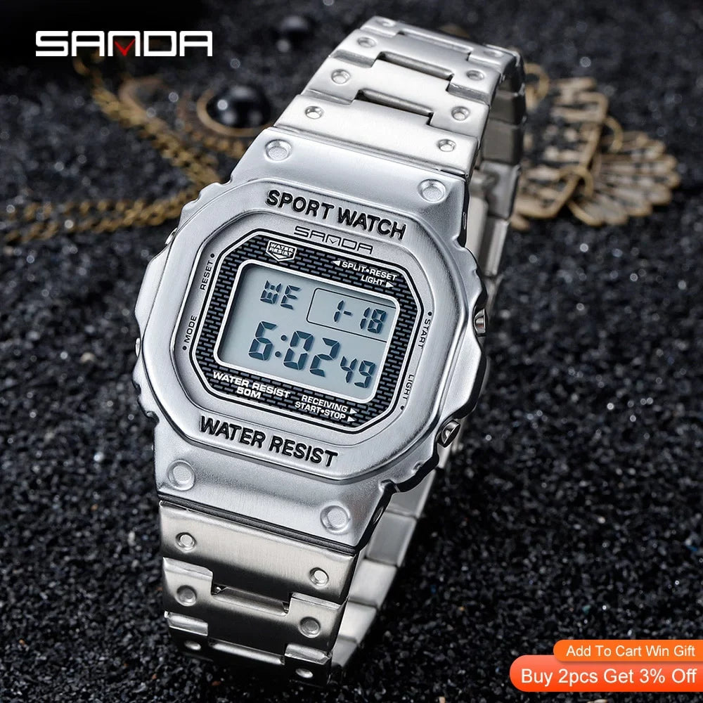 Sanda Top Brand Luxury Men's Watches Led Digital Watch Men 5atm Casual Liquidproof Wristwatch Steel Clock Relogio Masculino 390 - Digital Wristwatches