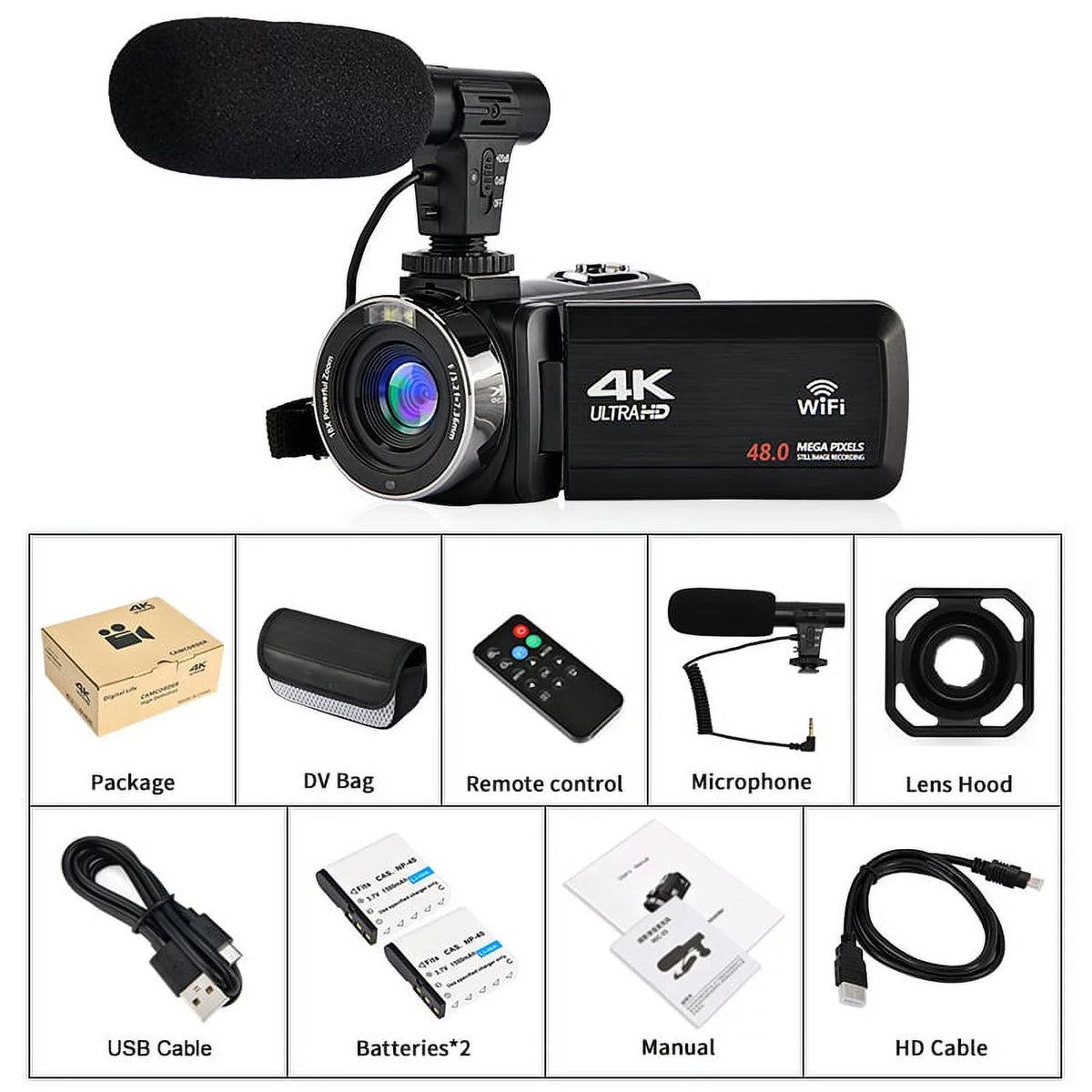 4K Camcorder Vlogging Camera for Youtube Ultra HD 48MP Video Camera with Microphone & Remote Control Wifi Digital Camera 3.0" IPS Touch Monitor