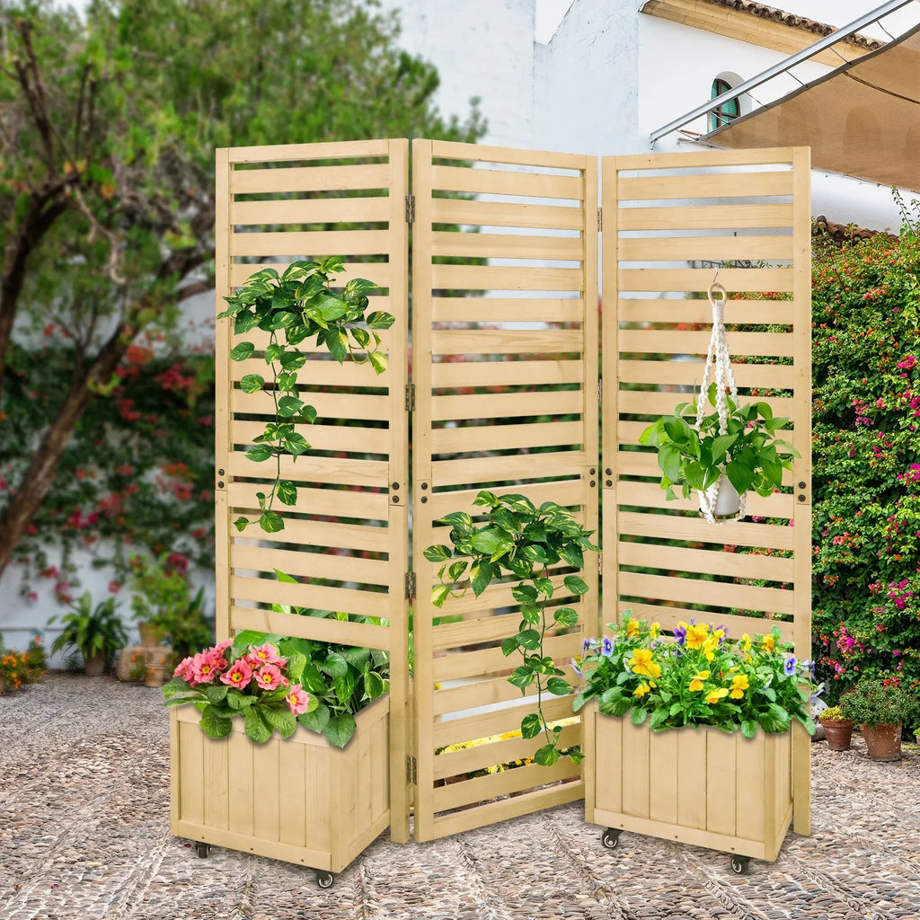 EAGLE PEAK Tri Fold Outdoor Cedar Privacy Display with 2 Raised Garden Beds, 3 Hinged Panels for Patio, Deck, Backyard, Freestanding Privacy Panel with Planter Boxes,61.3''L x 19.7''W x 66.5''H,Natural