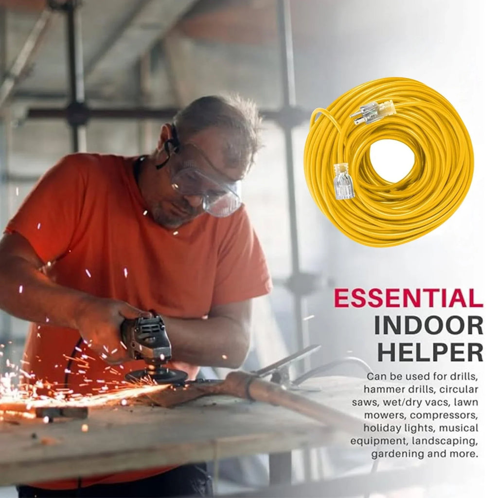 LifeSupplyUSA 100 ft Yellow Extension Cord - Long-lasting Outdoor & Indoor Use, 16 Gauge, 3 Prong, Lighted, Flexible, Oil & Abrasion Resistant, 10 AMP, 125V, 1250W, Smart Plug Compatible.