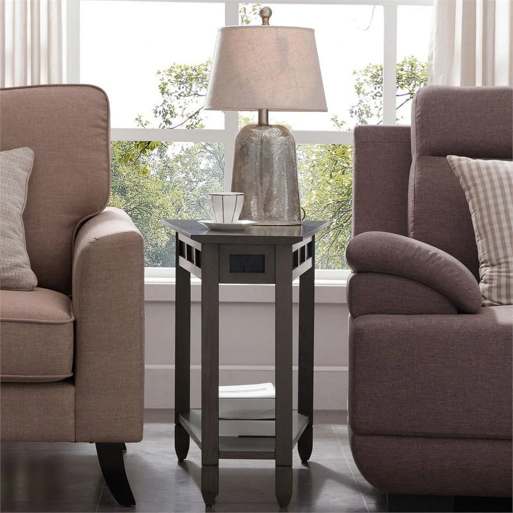 Bowery Hill Wood Wedge Table with Shelf in Smoke Gray/Black Slate