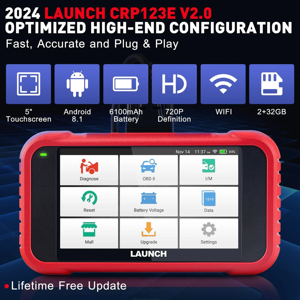 LAUNCH CRP123E V2.0 Obd Car Diagnostic Scanner Check Engine Fault Code Reader with Oil Reset, Brake Reset, Injector Reset, Battery Test, DPF Reset