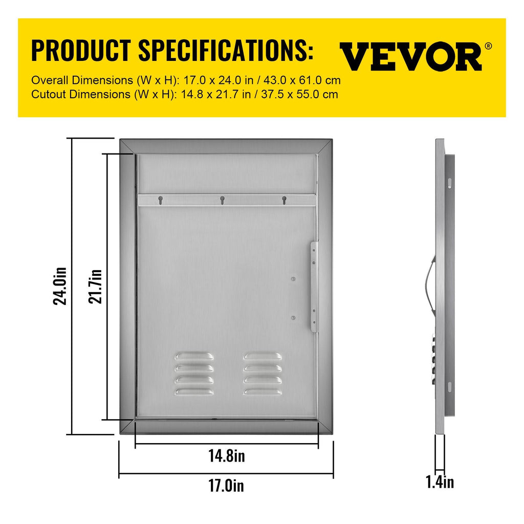 BBQ Access Door 17x24 inch Stainless Steel Single Vertical Island Door with Vents for Storage