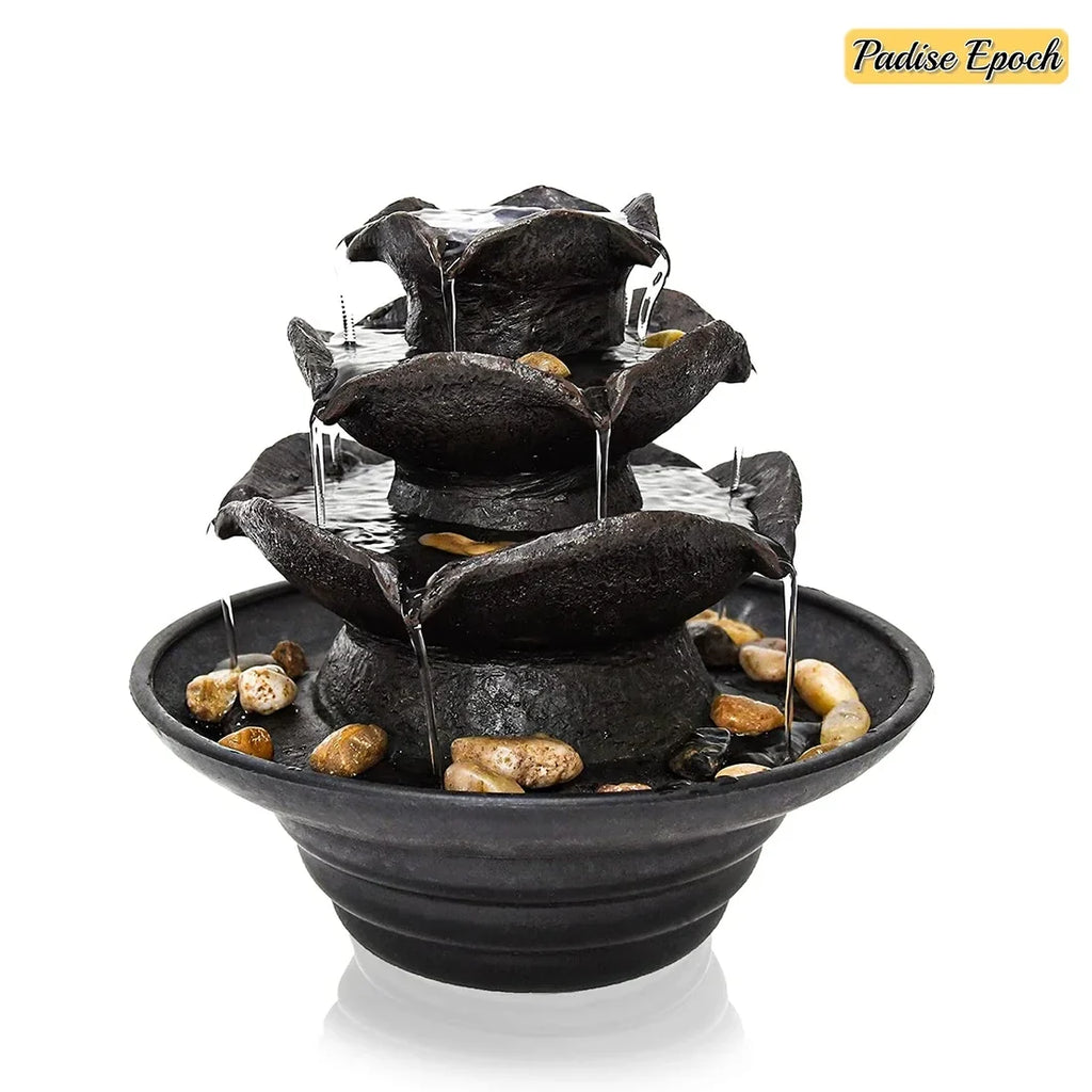 3 Tier Indoor Liquid Fountain with LED Lights Tabletop Fountain, Relaxation Tabletop Fountain, Mini Desktop Fluid Fountain for Living Room Bedroom (Includes Natural River Rocks)