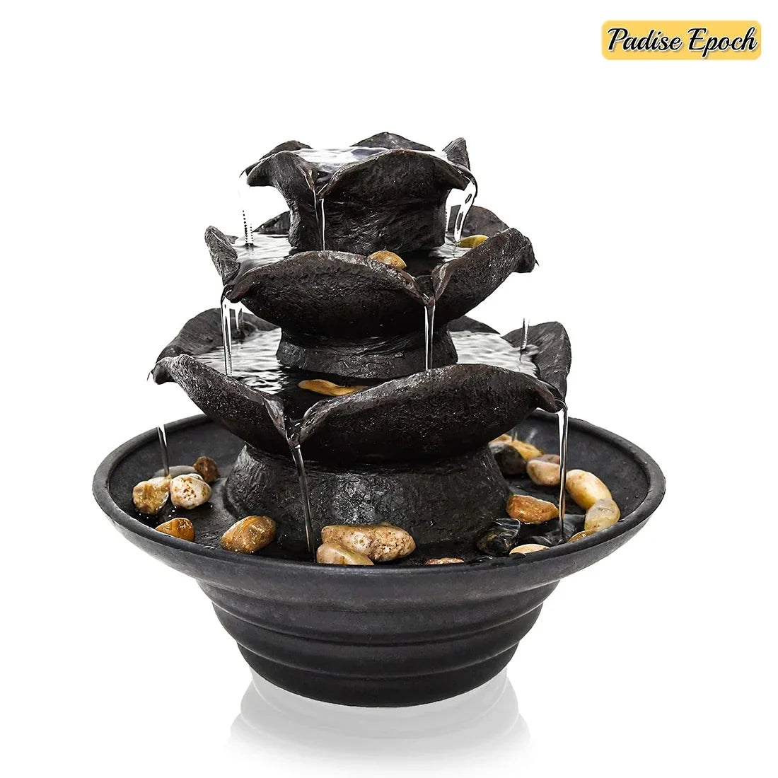 3 Tier Indoor Liquid Fountain with LED Lights Tabletop Fountain, Relaxation Tabletop Fountain, Mini Desktop Fluid Fountain for Living Room Bedroom (Includes Natural River Rocks)