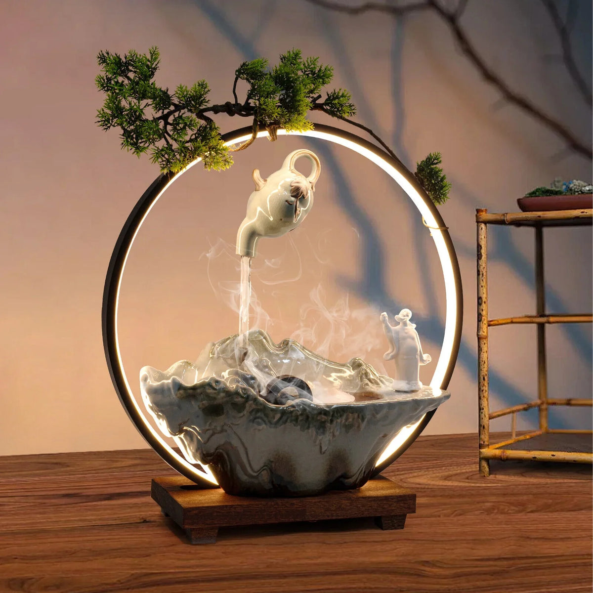 Tabletop Fountain with LED Light and Atomizer Streamfall Zen Meditation Desktop Rockery