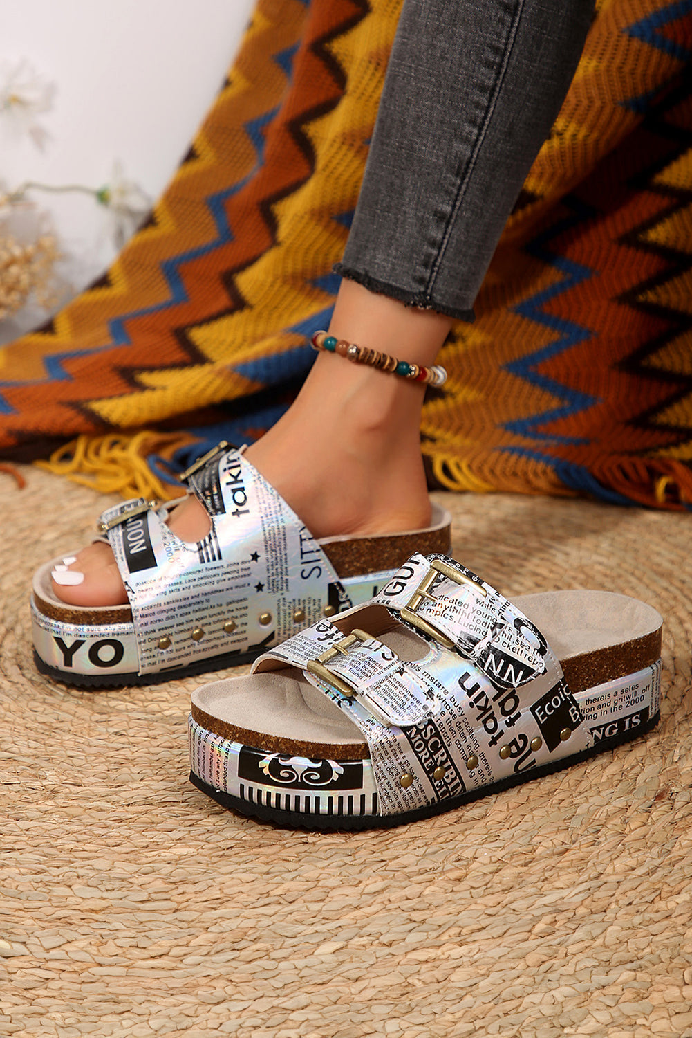 White Leathered Stud Dual Buckle Platform Slippers
