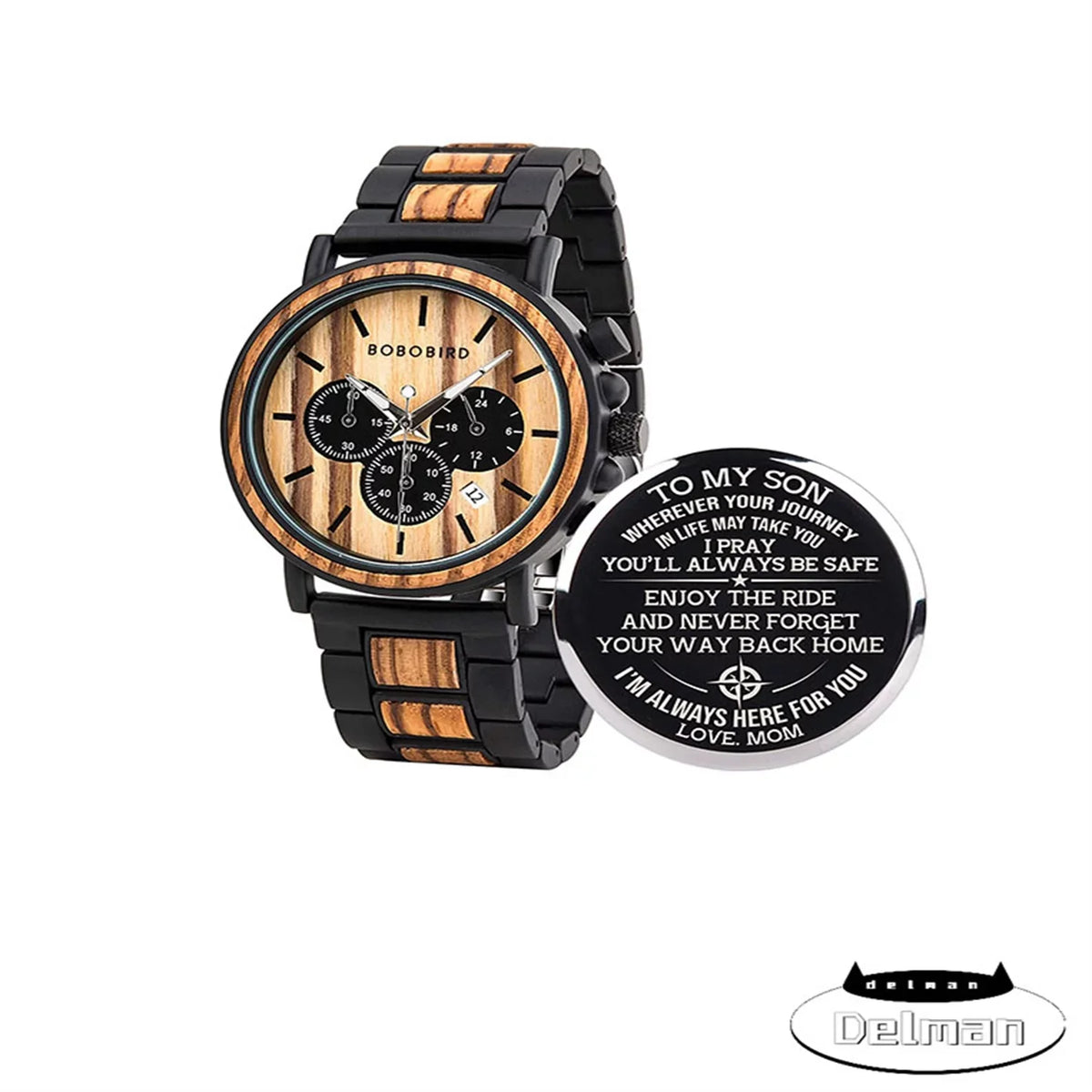 Mens Personalized Engraved Wooden Watches, Stylish Wood & Stainless Steel Combined Quartz Casual Wristwatches for Men Family Friends Customized Watch