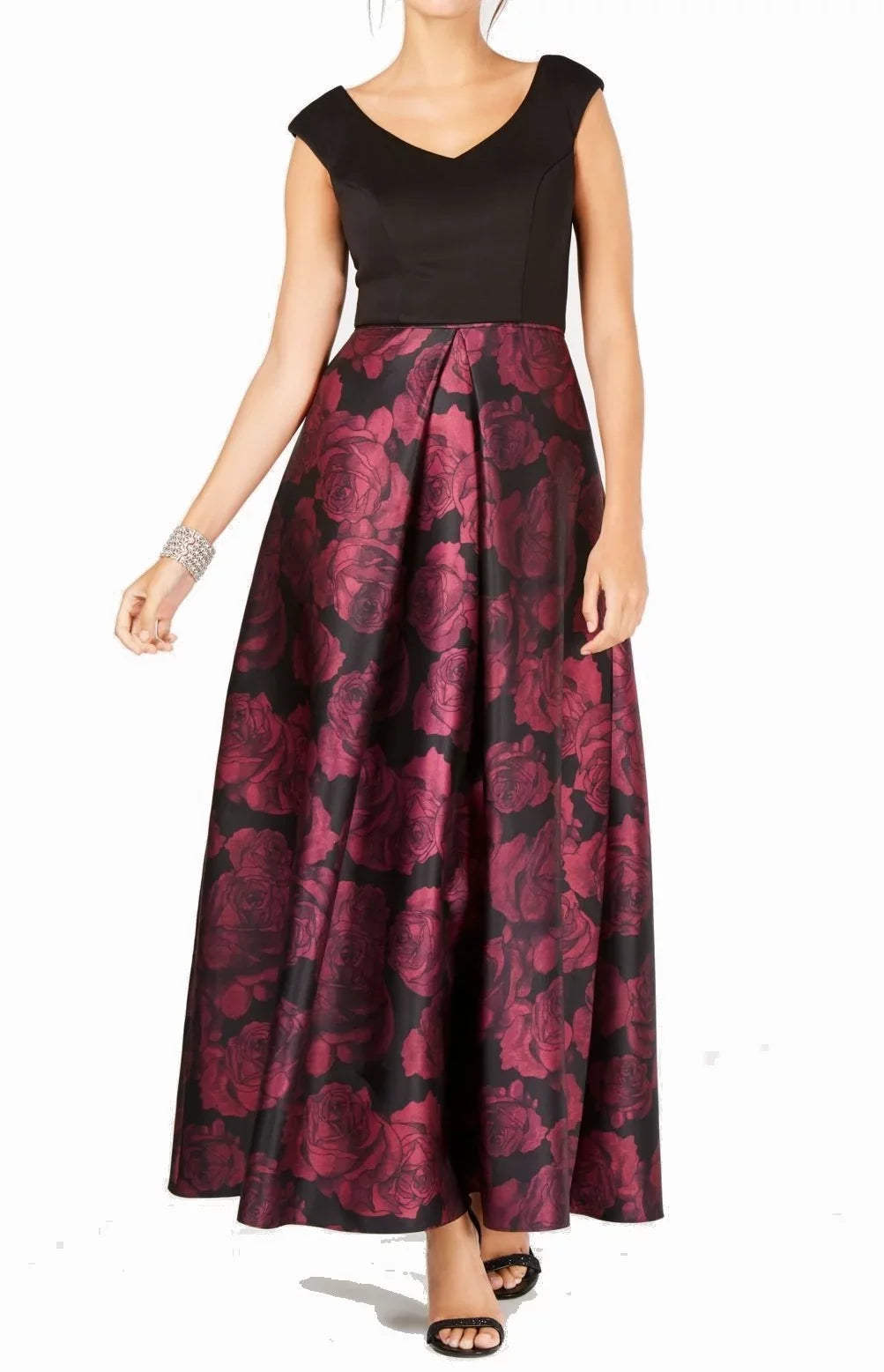 SL Fashions Women's Printed Satin Gown (6; Black/Magenta)