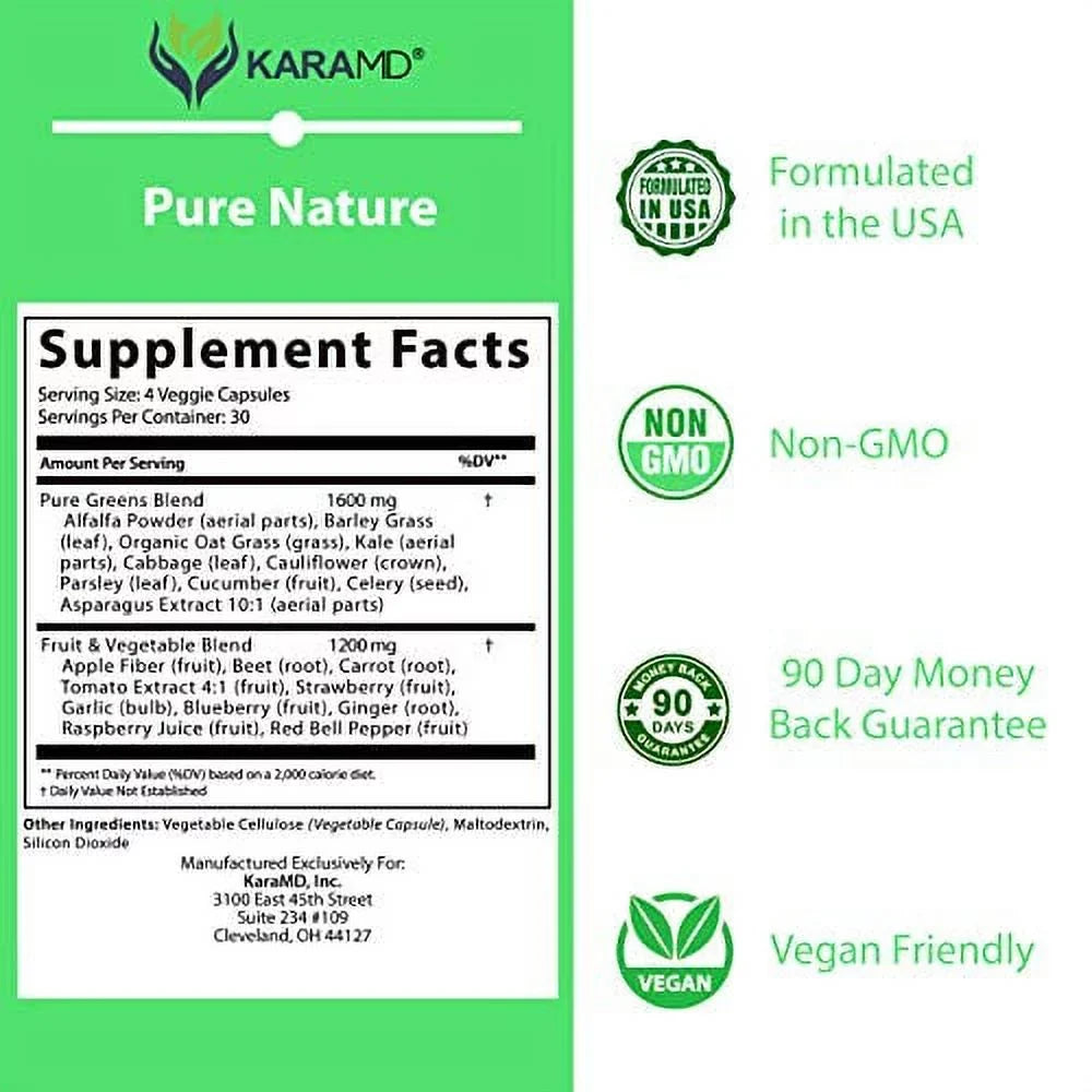 KaraMD Pure Nature | Dr Formulated Greens; Fruit & Vegetable Whole Food Health Supplement | Vitamins; Fiber & Antioxidant Superfood Nutrition | Natural Energy; Digestion & Immunity Boost; 120 Capsules