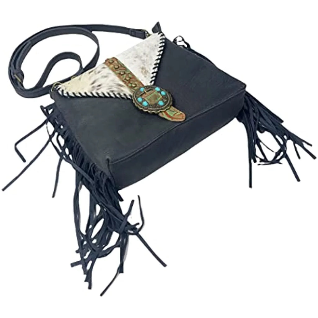 Urbalabs Western Crossbody Fringe Buckle Cowhair Leather Messenger Teal Stone Tooled Tote Bag Hand Stitched Purses (Blue)