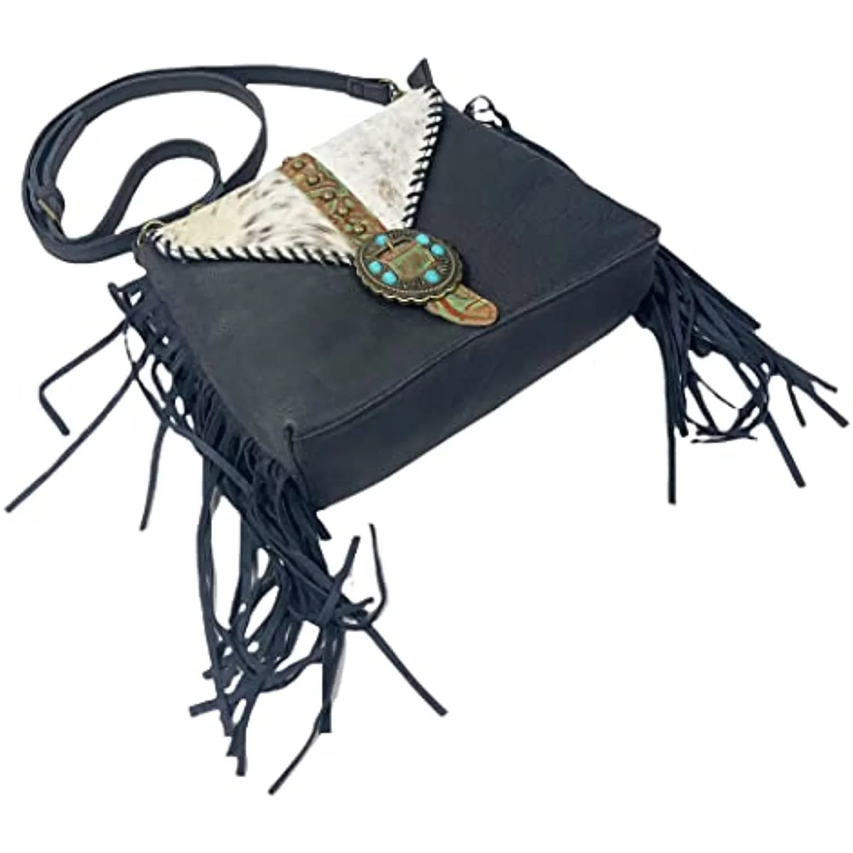 Urbalabs Western Crossbody Fringe Buckle Cowhair Leather Messenger Teal Stone Tooled Tote Bag Hand Stitched Purses (Blue)