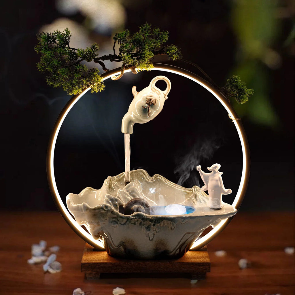Tabletop Fountain with LED Light and Atomizer Streamfall Zen Meditation Desktop Rockery