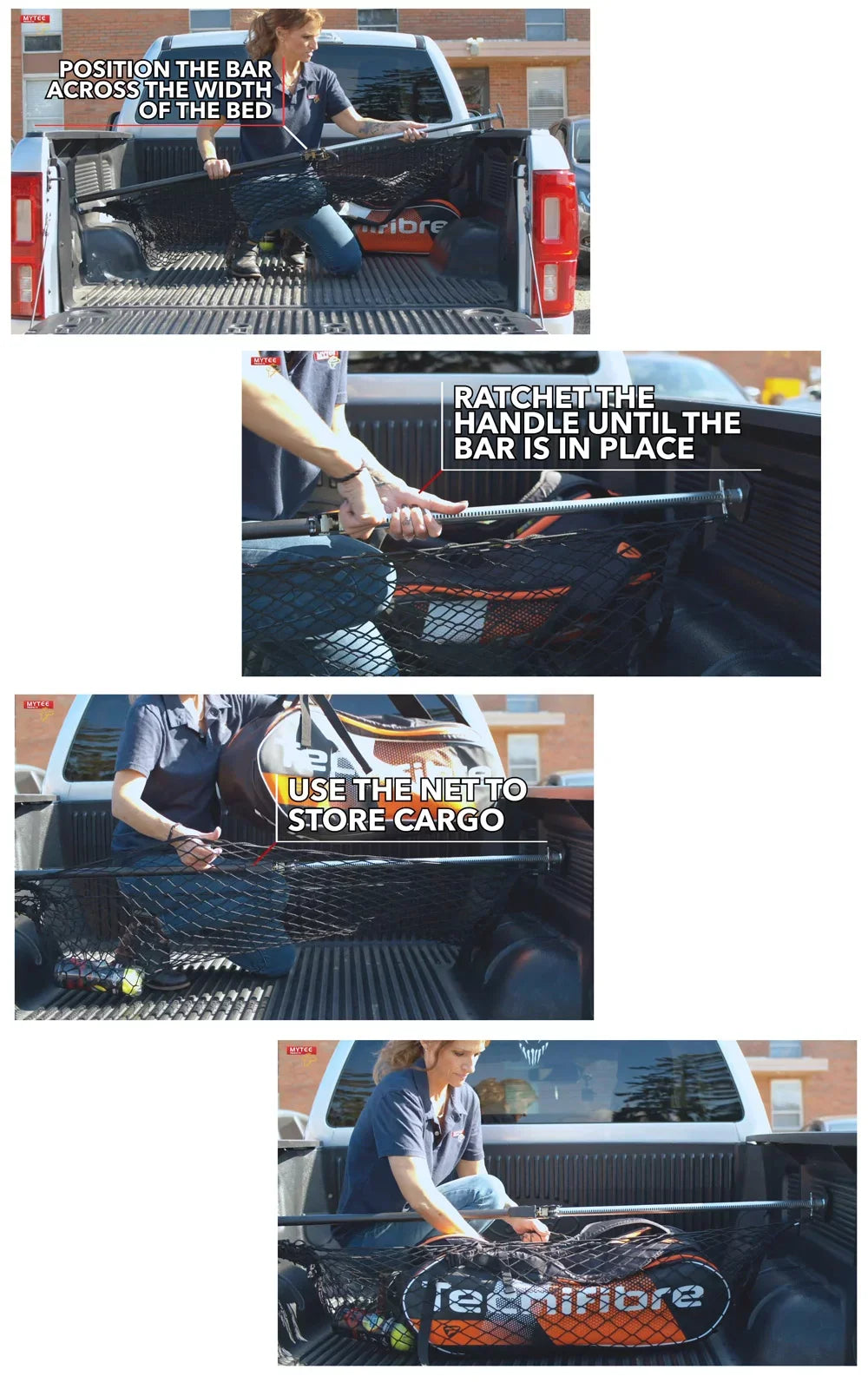 Cargo Bar Adjustable 40" - 70" w/ Storage Net for Use in Pickup Truck Bed, SUV, and Small Trailers (4 Pack)