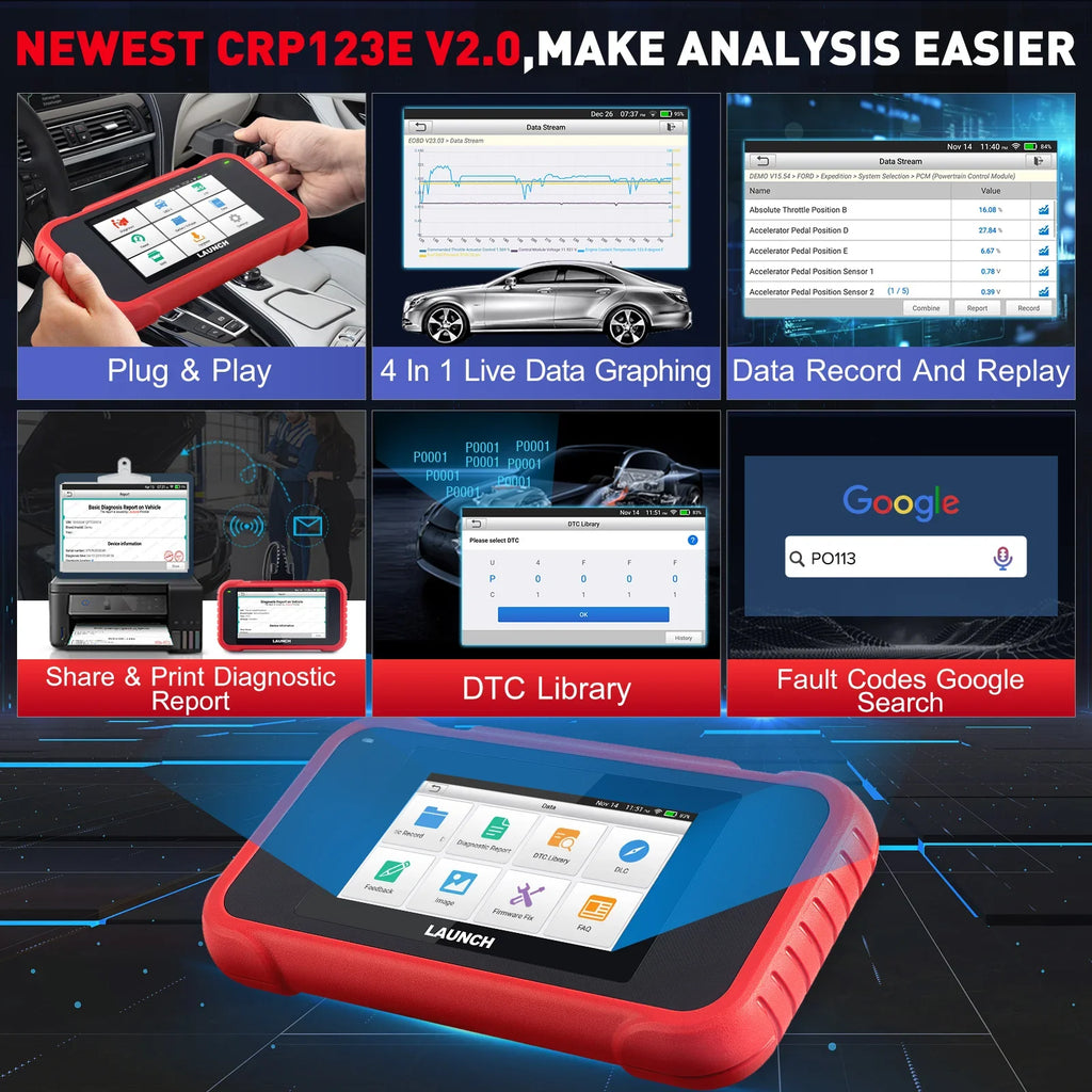 LAUNCH CRP123E V2.0 Obd Car Diagnostic Scanner Check Engine Fault Code Reader with Oil Reset, Brake Reset, Injector Reset, Battery Test, DPF Reset