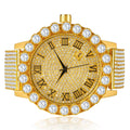 Roman Dial Solitaire Bezel Men's lab Diamond 18K Yellow Gold Finish Stainless Steel Back 10 Row Iced Out Band Custom Khronos Watch W/Date