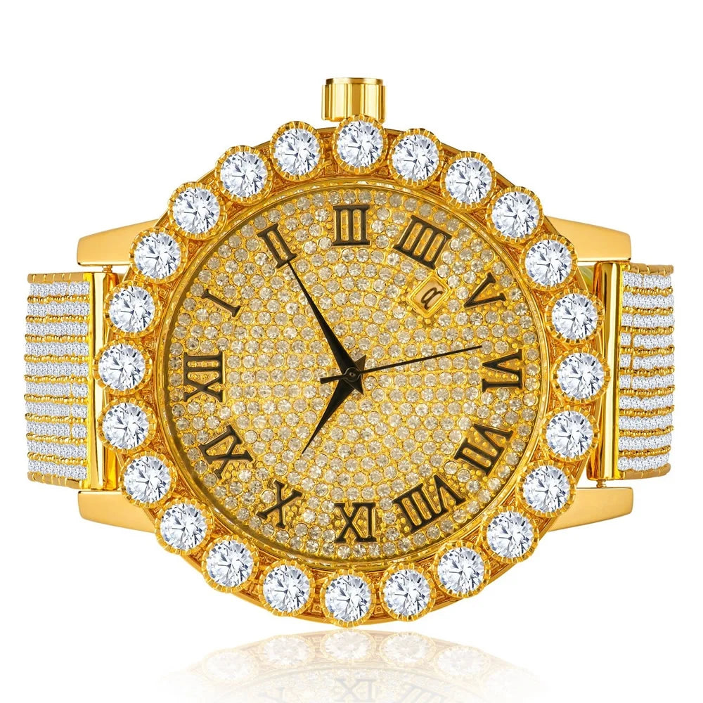 Roman Dial Solitaire Bezel Men's lab Diamond 18K Yellow Gold Finish Stainless Steel Back 10 Row Iced Out Band Custom Khronos Watch W/Date