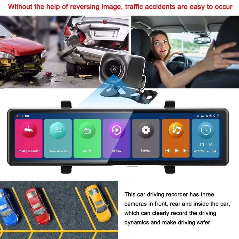 12in Rearview Mirror Dash Cam: 3 Cameras; 2.5K Clear Video Recording - BT Connectivity; Touchscreen; Auto Driving Recorder - Capture Every Moment on the Road