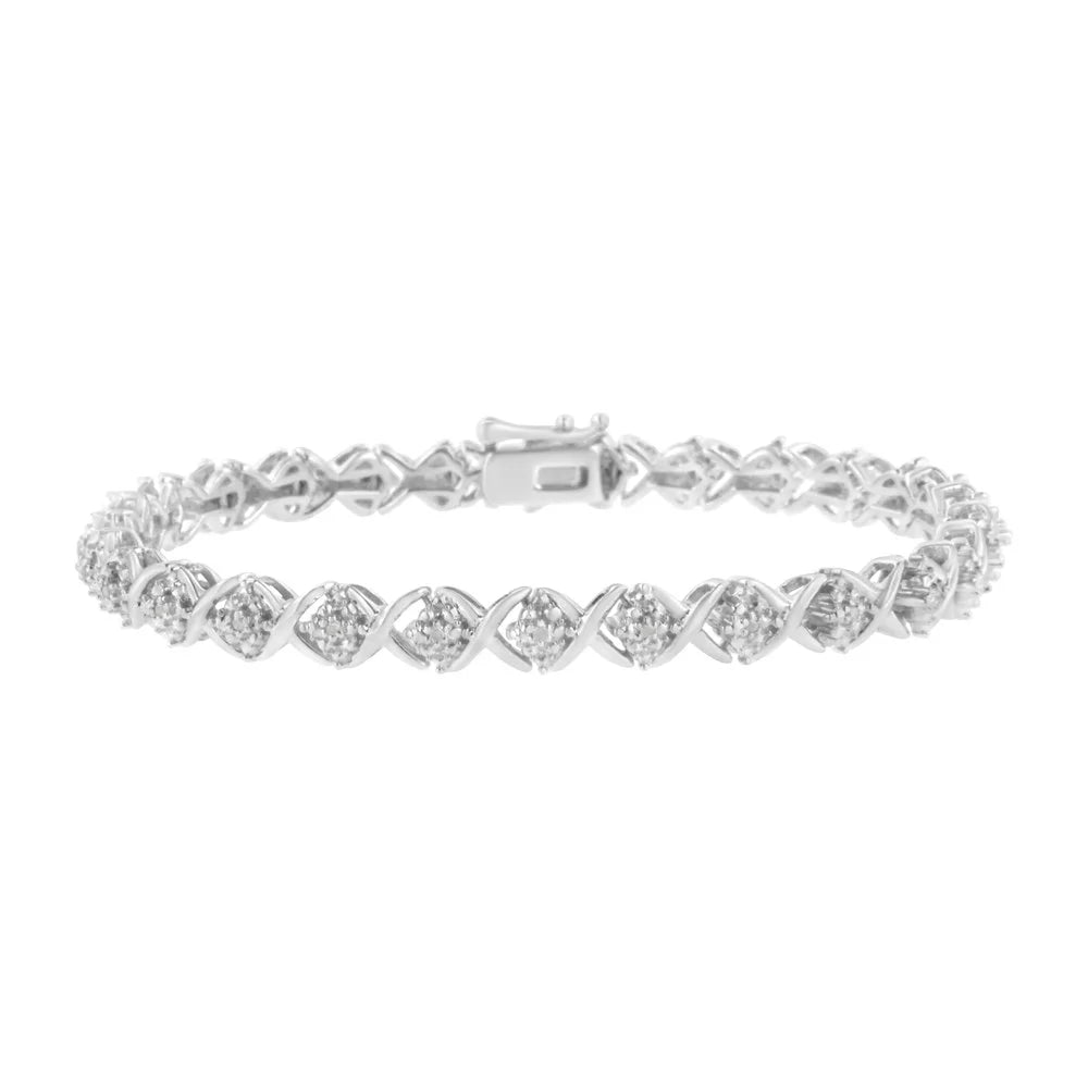 .925 Sterling Silver Round-Cut Diamond Accent Floral Cluster and "X" Link Bracelet (I-J Color; I3 Clarity) - 7.25"