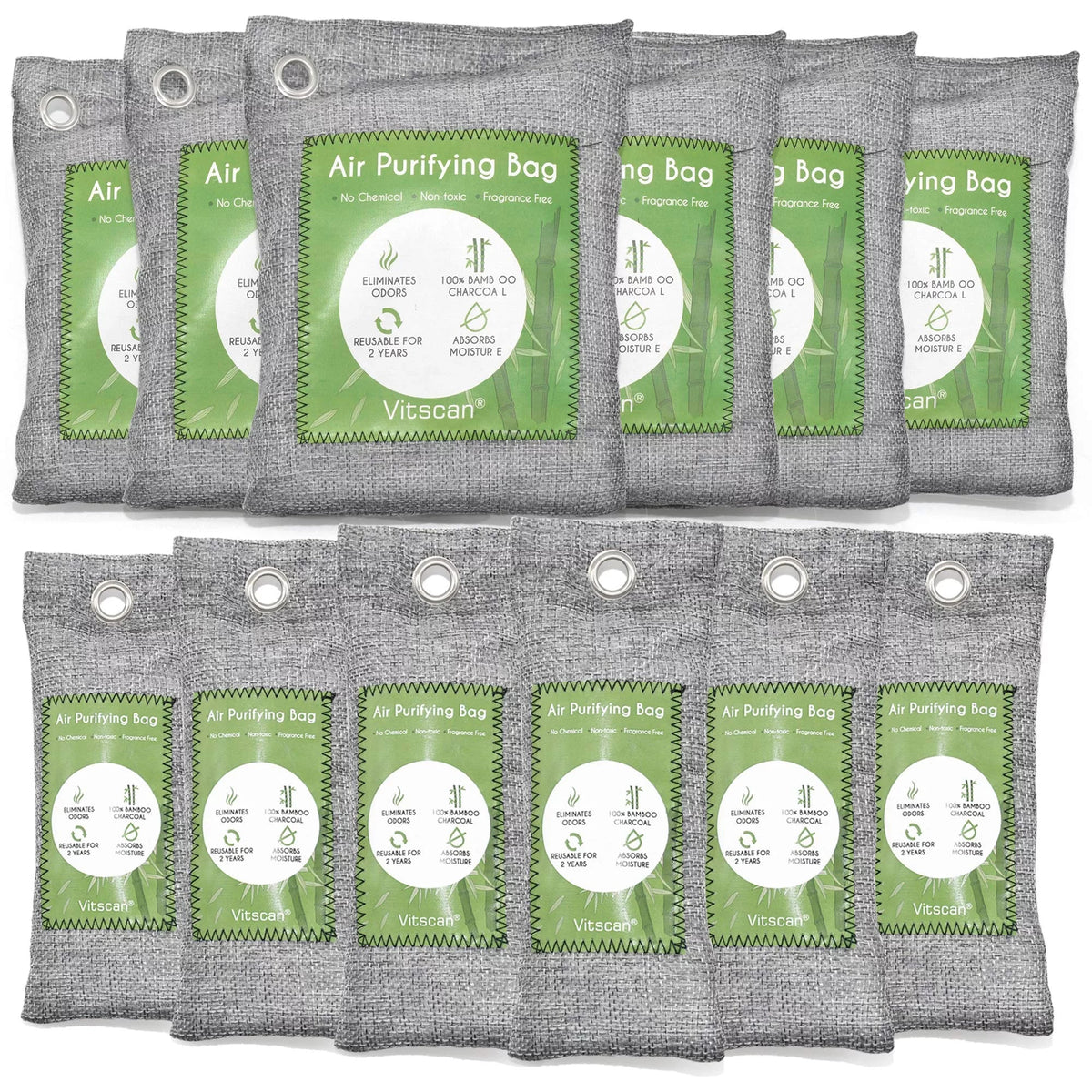 12 Pack Bamboo Charcoal Air Purifying Bag; Activated Charcoal Bags Odor Absorber; Moisture Absorber; Natural Car Air Freshener; Shoe Deodorizer; Odor Eliminators For Home; Pet; Closet (6x50g; 6x150g)