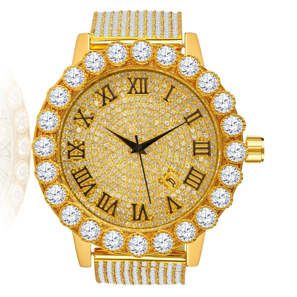 Roman Dial Solitaire Bezel Men's lab Diamond 18K Yellow Gold Finish Stainless Steel Back 10 Row Iced Out Band Custom Khronos Watch W/Date