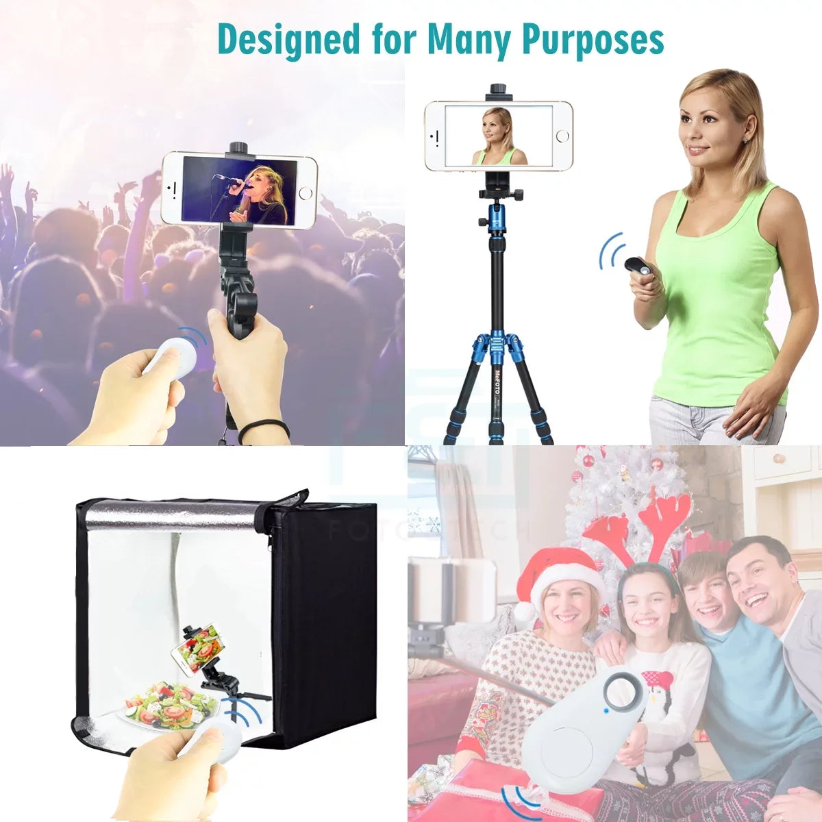 Foto&Tech 4in1 Wireless Remote Control Camera Video Shutter Release Selfie Compatible with iPhone 11 XR XS X 10 8 8+ 7 7+ 6 6s+ 5S 5C iPad Air Mini Galaxy S10 S9 Edge S5 HTC Smartphone (White)