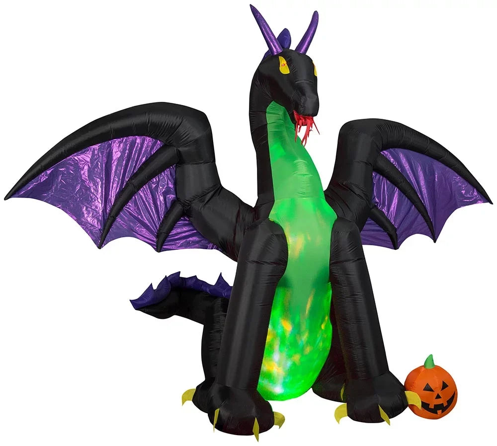 11 1/2' Gemmy Airblown Inflatable Animated Mixed Media Fire and Ice Dragon w/ Pumpkin Yard Decoration