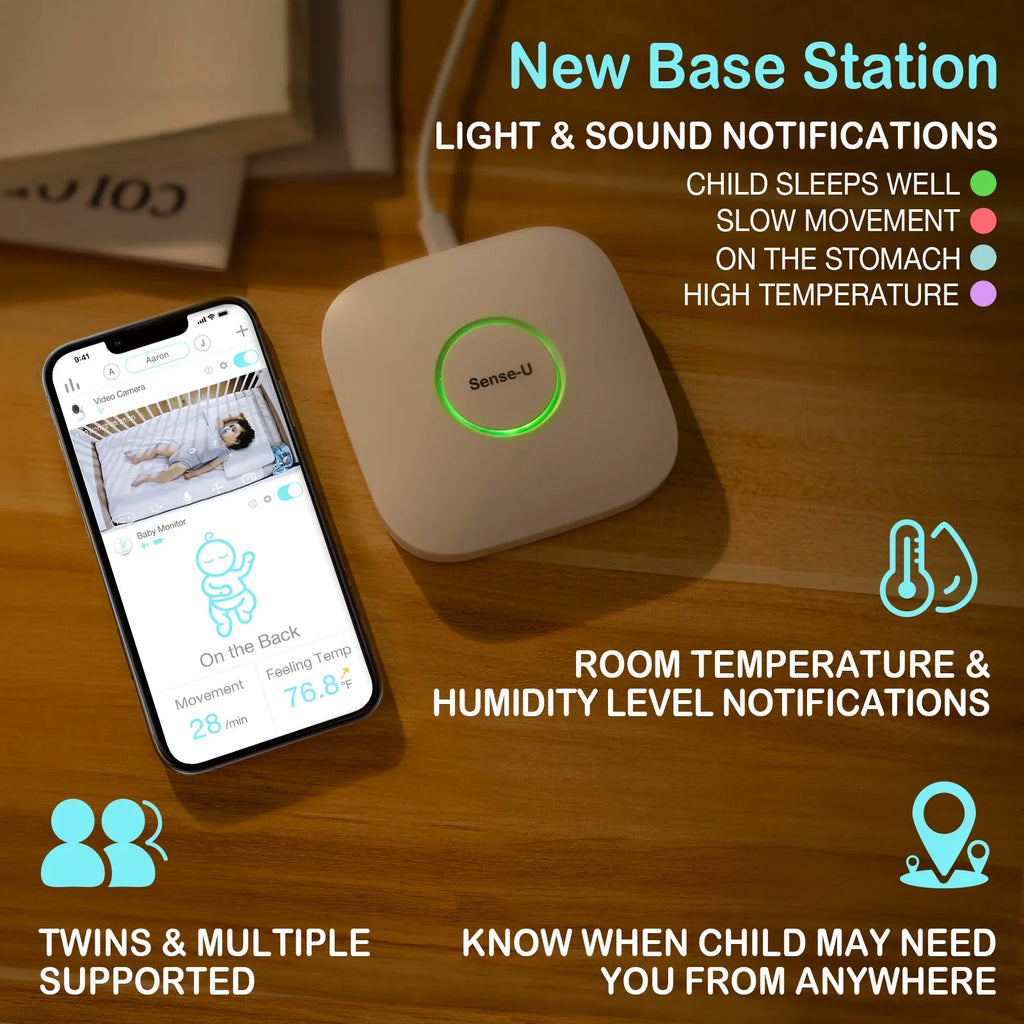 Sense-U Smart Baby Monitor 3+Camera; Audio; Video Baby Monitor That Notifies You for No Abdominal Movement; Rollover; High/Low Temperatures; Detected Motion; with Night Vision; 2-Way Talk; Long Range