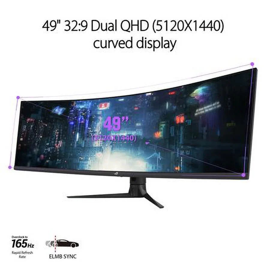 ROG Strix 49" Ultra-wide Curved HDR Gaming Monitor (XG49WCR) - Dual QHD 32:9 (5120 x 1440), 165Hz, Extreme Low Motion Blur Sync, USB-C, RJ45, DisplayHDR400, 90% DCI-P3, Dual Input KVM Switch
