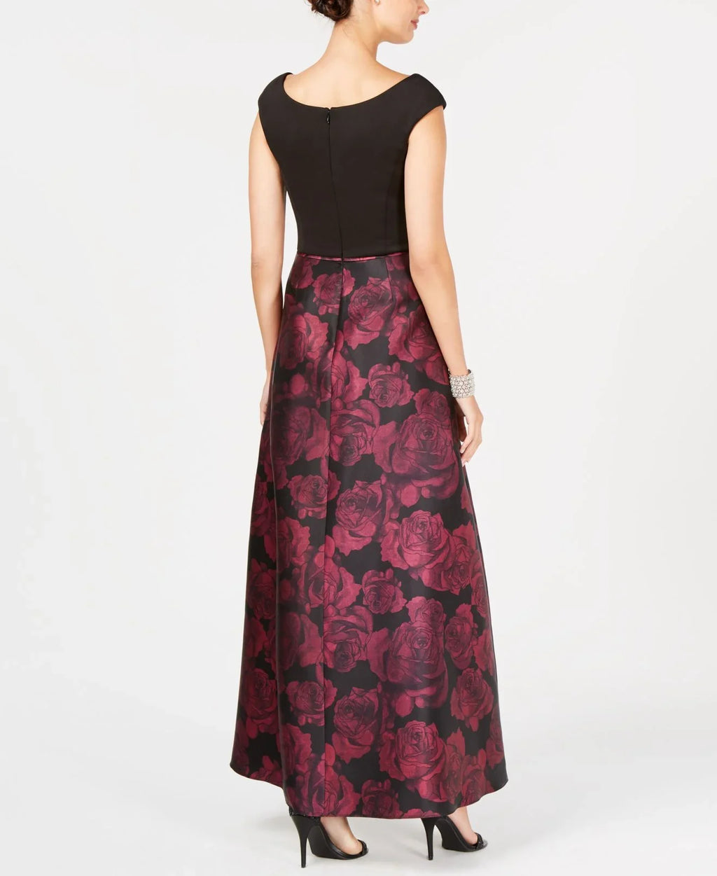 SL Fashions Women's Printed Satin Gown (6; Black/Magenta)