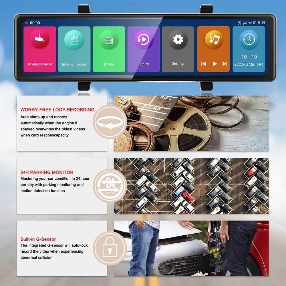 12in Rearview Mirror Dash Cam: 3 Cameras; 2.5K Clear Video Recording - BT Connectivity; Touchscreen; Auto Driving Recorder - Capture Every Moment on the Road