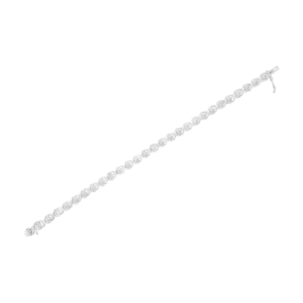 .925 Sterling Silver Round-Cut Diamond Accent Floral Cluster and "X" Link Bracelet (I-J Color; I3 Clarity) - 7.25"