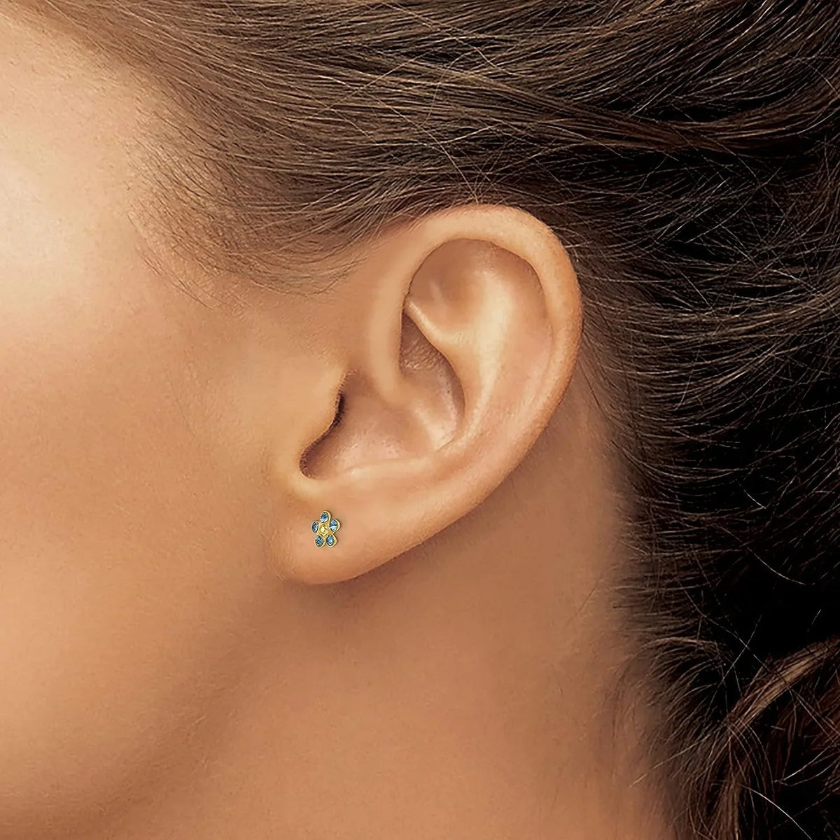 Solid Inverness 14k Yellow Gold Blue/Aurora Borealis Crystal Flower Earrings - 5mm